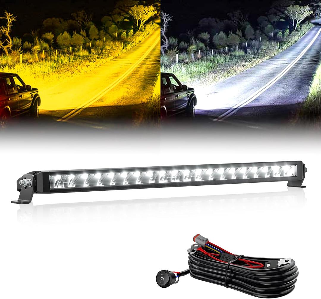 White Amber LED Light Bar 22 Inch Single Row 300W Super Bright Dual Color Slim Spot Flood Combo LED Work Light Driving Fog Lamp with Wiring Harness for Pickup Off Road Truck ATV UTV Boat
