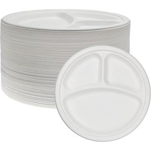 NYHI Heavy Duty Compartment Plates | 9 inch Disposable 3 Compartment Divided Plates For Adults & Kids | White Eco Friendly Sugarcane Paper Plate Are Cut & Leak Resistant | 125 Pack (3 Compartment)