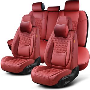 Car Seat Covers Full Set, Breathable Leather Automotive Front and Rear Seat Covers & Headrest, Universal Automotive Vehicle Seat Cover for Most Sedan SUV Pick-up Trucks, Wine Red