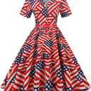 1950s Vintage Shirt Dress Short Sleeve Audrey Hepburn Style Vintage Cocktail Swing Dresses (Medium, American Flag)