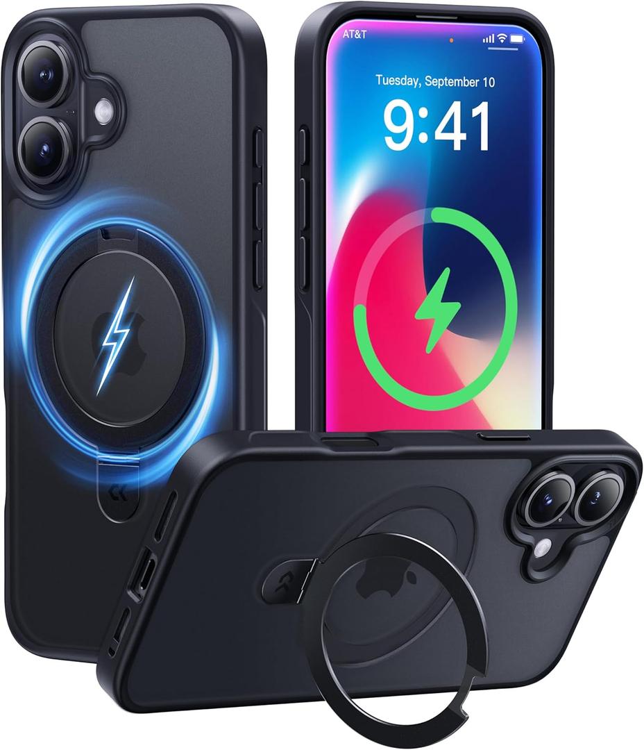 CASEKOO Ultra-Magnetic Stand for iPhone 16 Case [Military Drop Protection] [Compatible with MagSafe] Shockproof Translucent Matte Slim Ring Holder Case for iPhone 16, 6.1", Black