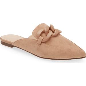 Juliet Holy Womens Mules Flats Pointed Toe Backless Loafers Slip on Metal Chain Slides (9.5, Plastic Chain-blush Camel)
