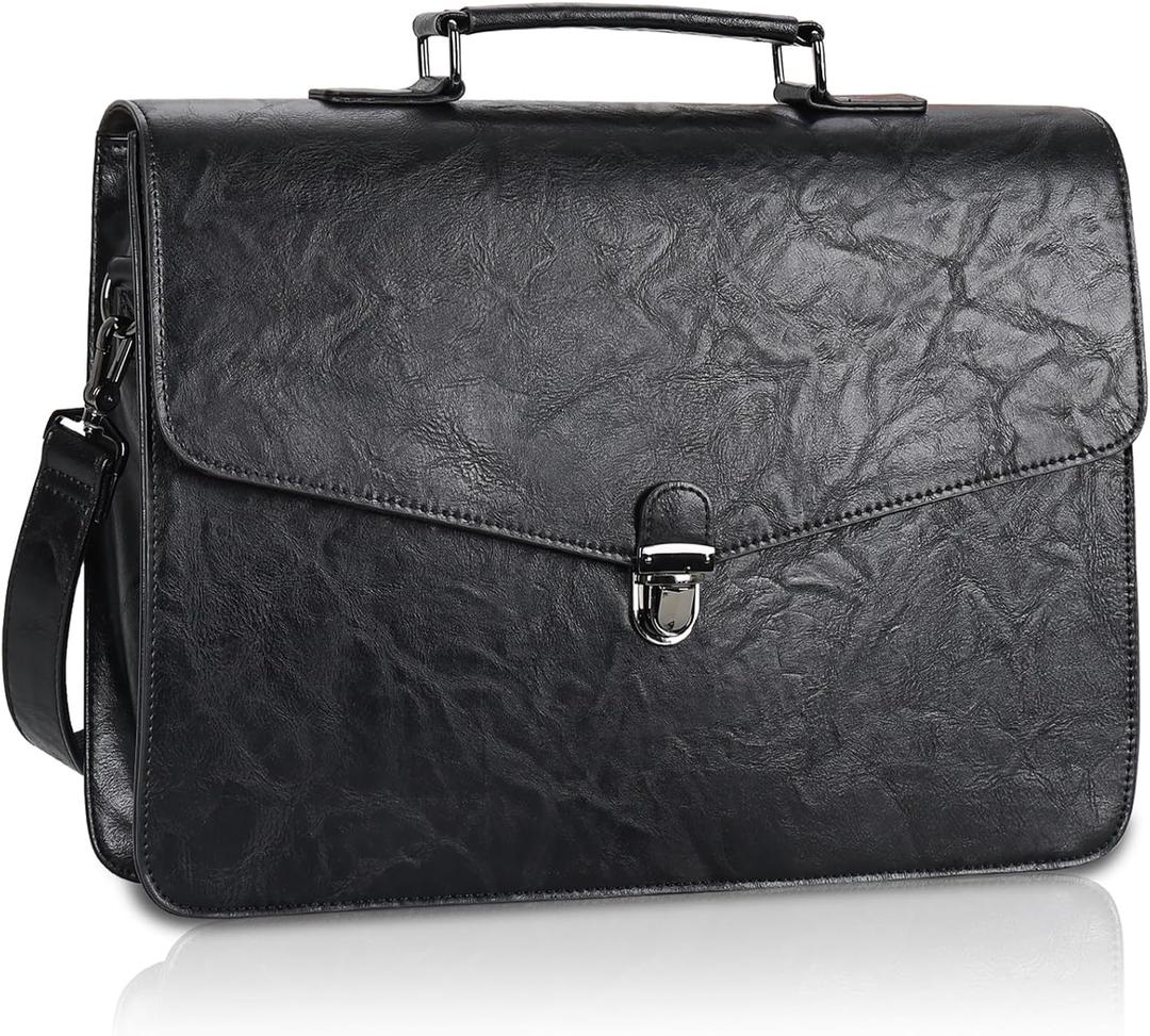 ESTARER Mens Leather Briefcase 15.6 Inch Laptop Messenger Bag, Professional Computer Shoulder Bag Office Satchel for Work Business, Black