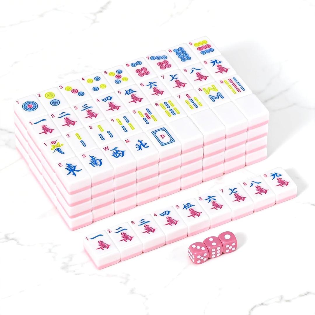 American Mahjong | 166 Premium 1.2-inch Ivory White Tiles | Complete Mahjong Game Set Pink