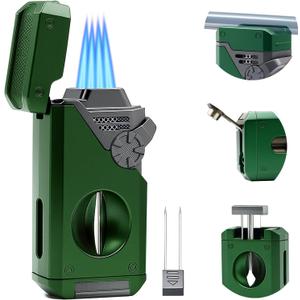 5 in 1 Butane Torch Lighter, 4 Jet Flame, Butane Lighter Refill Built-in V Cutter, Punch, Holder, Nubber, Windproof Jet Lighter for Candles, Cool Lighters Gift for Men (Without Gas) (Green)