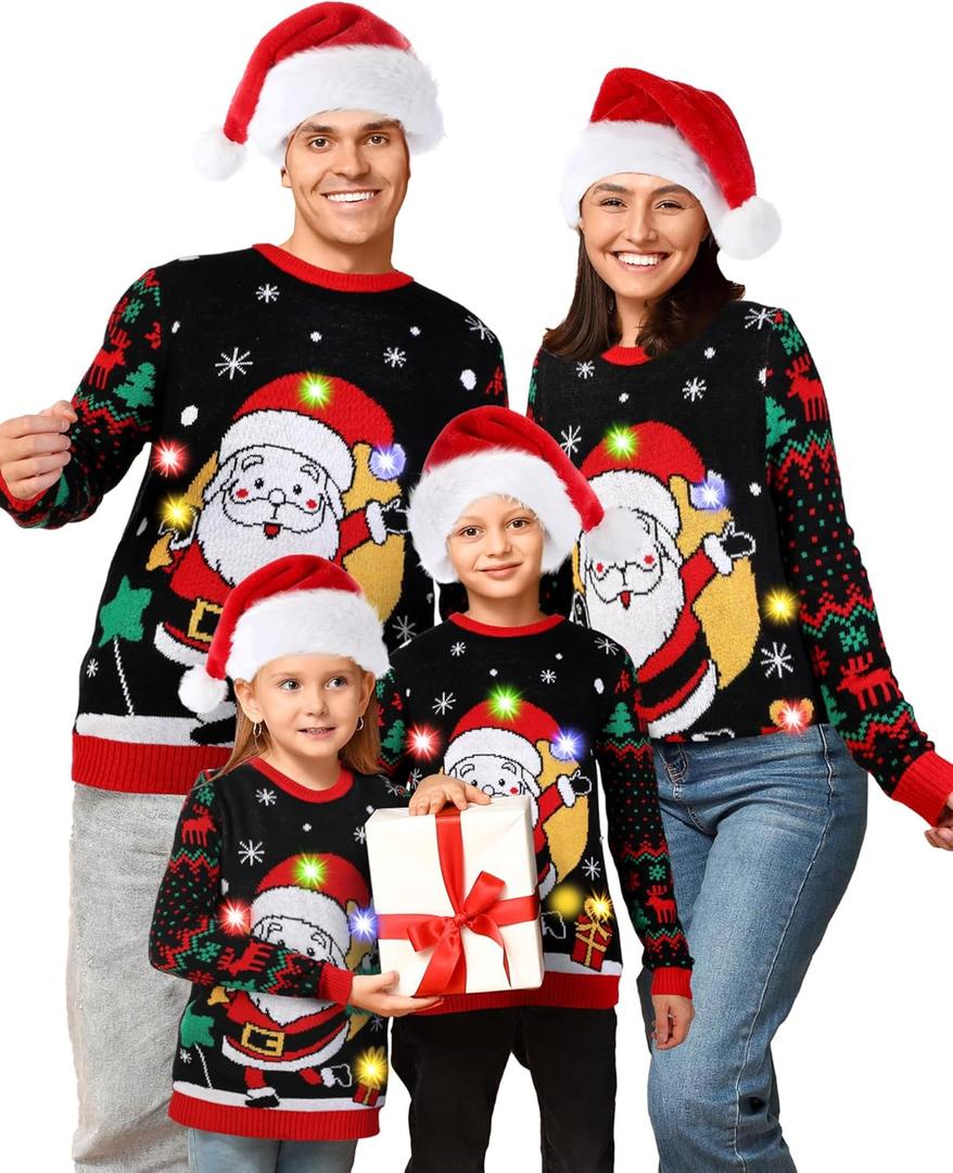 Cozypower Light up Ugly Family Christmas Sweater Funny Xmas Holiday Pullover with Christmas Hat (Large, Santa Claus)