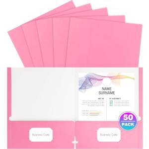 50 Pack Folders with Pockets, Pocket Folders Fit Letter Size Paper, with Business Card Slot, 2-Pocket Folder for School Office Home Business (Pink)