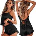 Ekouaer Womens Pajamas Set 2 Piece Satin Sleepwear Lingerie Soft Silk Pjs Cami Top and Shorts Sleep Camisole Nightwear (X-Large, Black)