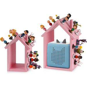 for Tonies Shelf Magnetic - for Tonies Figure Organizer Kids Room, Wooden Display Shelf for Tonies Box Holder, Wall Floating Shelves Toy Storage, House Shape Set of 2 with 38Pcs Metal Plate (Pink)