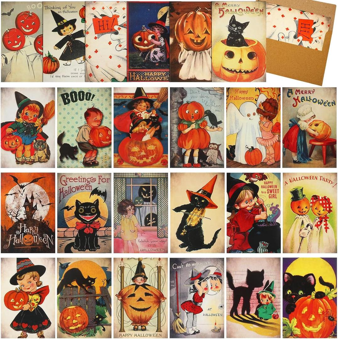 Yinder 24 Pcs Halloween Vintage Cards with 24 Pcs Envelopes 4.1 x 6.1 Inches Retro Greeting Card Funny Halloween Postcards Assorted Happy Fall Note Cards for Classroom Home Business Office Supplies