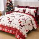 Christmas Comforter Set Queen Size 7 Pieces, Red Reindeer Snowflake Bed in A Bag, Reversible Red and Black Check Comforter with Sheet Set, Soft Polyester Bedding Set