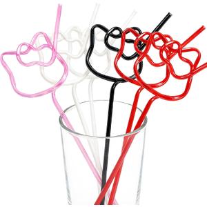 12 Kitty-Cat-Birthday-Party-Supplies-Decorations-Reusable-Silly-Crazy-Straws -for-Kids-Cute Red Pink Hello Cat Party Plastic Drinking Straws for Party Favor Decor Goodie Bags Stuffers