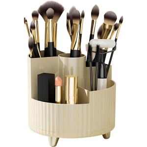 DASITON Large Capacity Makeup Brush Holder,360 Rotating Makeup Organizer,5 Slot Makeup Brushes Cup,for Vanity Decor,Bathroom Countertops,Desk Storage Container,Cosmetic Display cases(Cream-S)