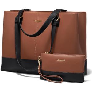 LOVEVOOK Laptop Tote Bag for Women 15.6 Inch Work Bag Leather Laptop Purse with Clutch, Large Computer Briefcase Bag for Office Business Teacher Casual (Brown&black-b)