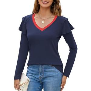 SENFURE Womens Ruffle Long Sleeve Tops Colorblock V-Neck Shirts Casual Slim Fitted Tee Blouse, S, Set of 3