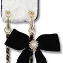 Crossbody Case for iPhone 15 Pro with Gold and Black Vegan Leather Woven Chain - White Fur