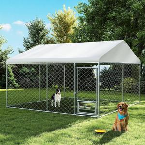 Rovibek 10x10 Ft Outdoor Dog Kennel, Outside Dog Kennel with Roof, Dog Kennels Outdoor with 2 Steel Dog Bowls, Outside Kennel for Large Dogs