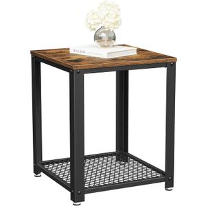 VASAGLE Side Table, 2-Tier Nightstand, End Table with Mesh Shelf, Steel Frame, Adjustable Feet, for Living Room, Bedroom, Industrial Style, Rustic Brown and Black ULET41X, 17.7 x 17.7 x 21.6 Inch