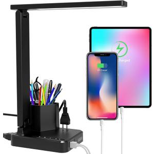 Desk Lamp,Desk Lamps for Home Office,COZOO LED Desk Lamp with 2 USB Charging Ports,2 Pen Holders,1 Outlet,3 Color 3 Brightness Levels,Touch/Memory/Timer,LED Desk Light Small Desk Lamp Kids Study Lamp
