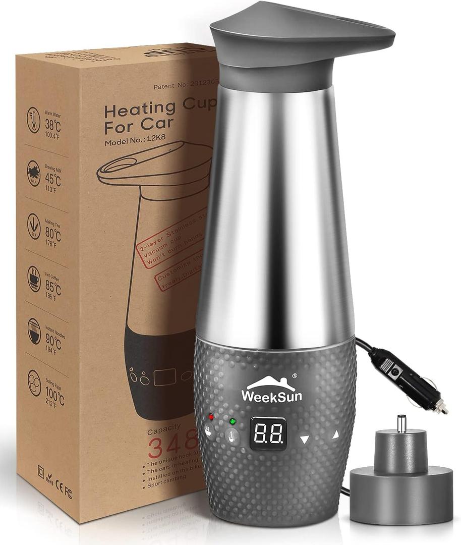 Car Kettle 12V, Portable Car Kettle Water Boiler with Temperature Control, Stainless Steel Inner, Quick Boiling, Auto Shut-Off, Leak Proof and Boil-Dry Protection, 348ml (Grey)