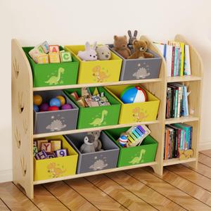 Toy Storage Organizer with 3 Shelves and 9 Bins, Green Dinosaur