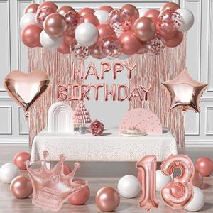 13th Birthday Decorations For Girls-Rose Gold 13 B-DAY Girl Decorations Include Rose Gold White Balloons, Happy Birthday/Love Crown 13 Number Foil Balloons, Tablecloth,Fringe Curtains 2 Pcs