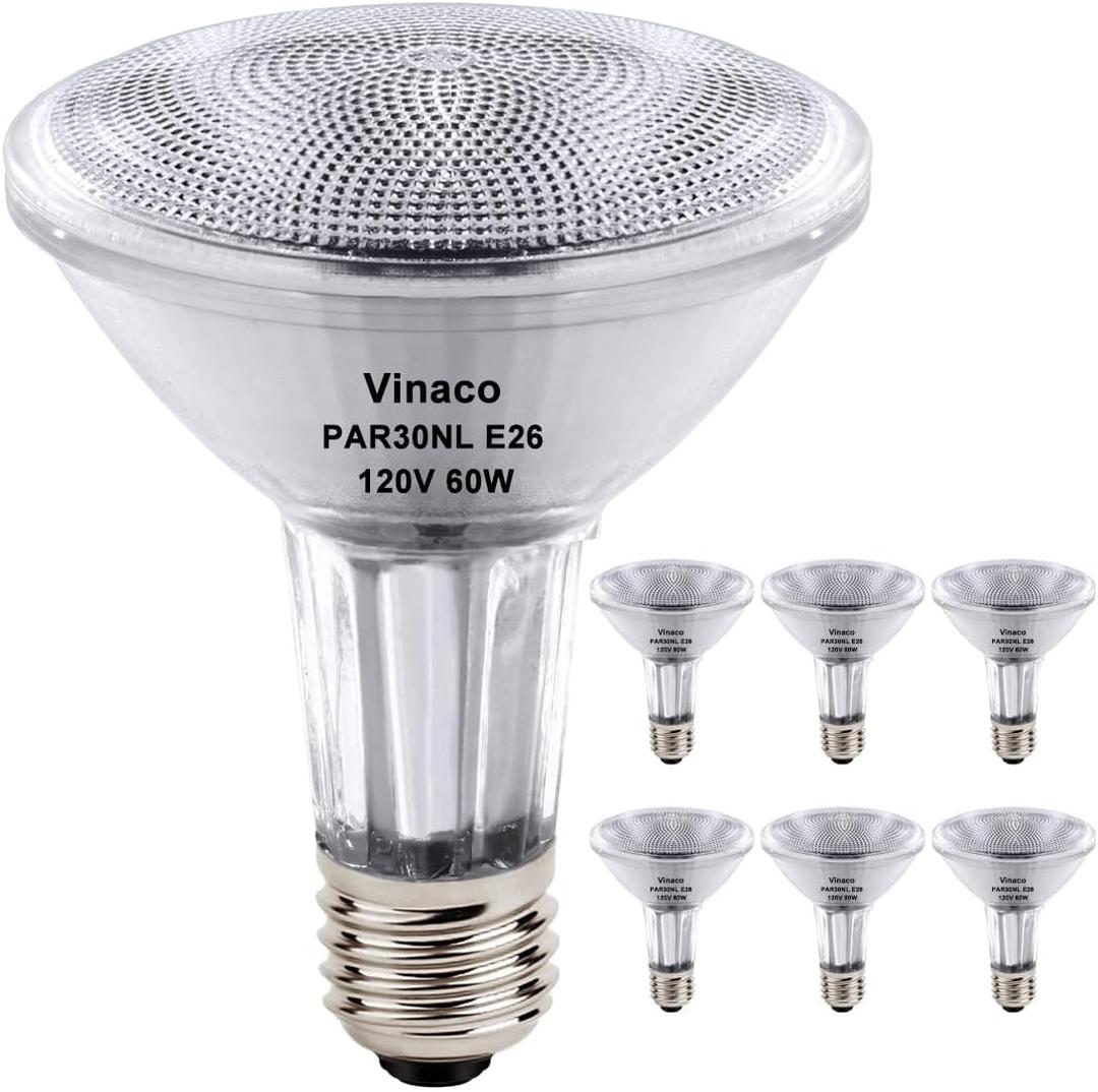 Vinaco PAR30 Long Neck Halogen 60W 120V, Long Lasting 6 Pack PAR30L Flood Light Bulb, PAR30 Dimmable, High Output 1000LM with PAR30 E26 Warm White 2800K Indoor Outdoor PAR30LN