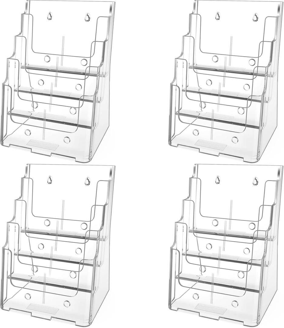 MaxGear Acrylic Brochure Holder 8.5 x 11 inch, 4 Tier Clear Literature Organizer Magazine Stand Display with Removable Divider for 4 x 9 inch Brochures, Pamphlet, Wall Mount or Countertop, 4 Pack