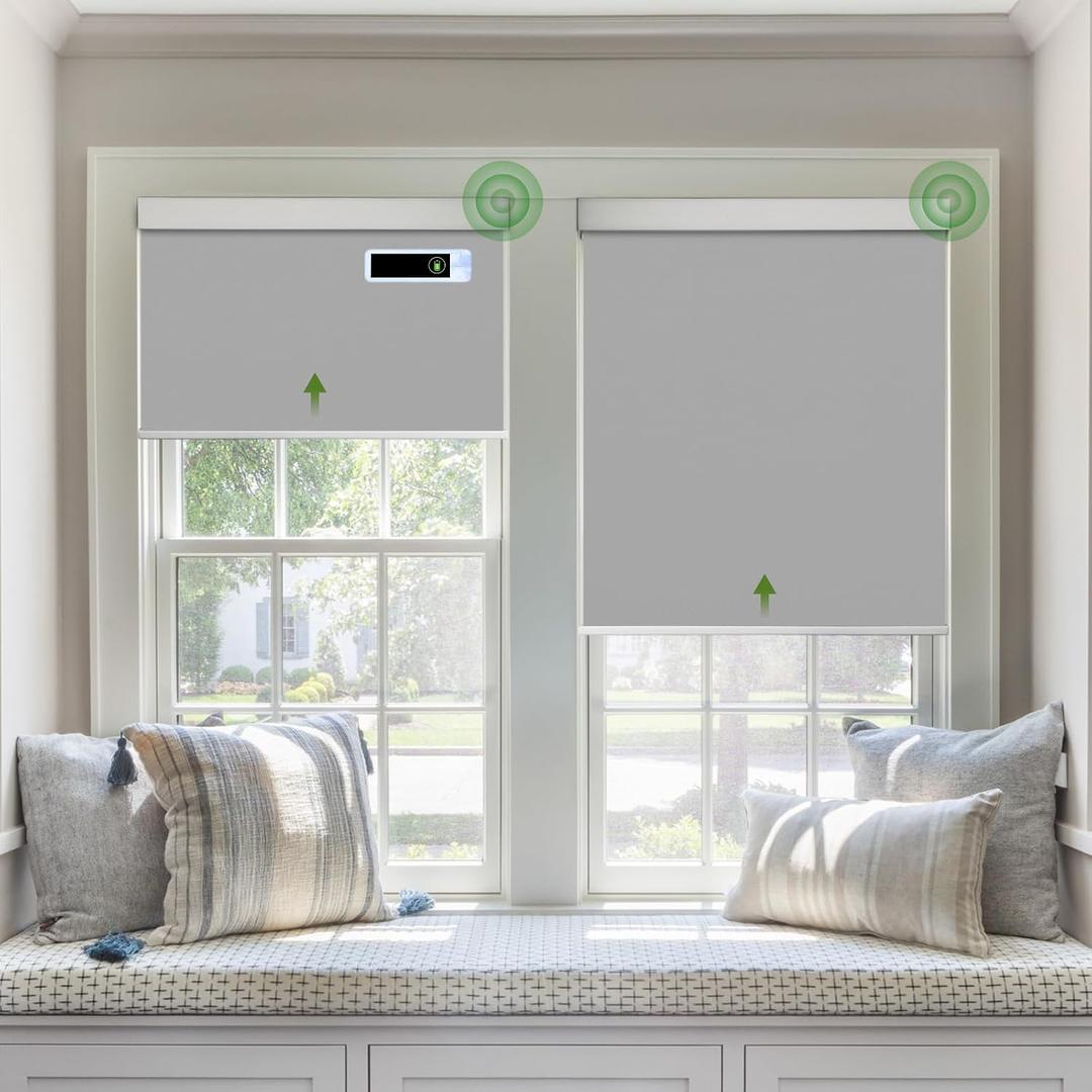 Motorized Roller Blinds, Blackout Automatic Shades with Solar Panel Cordless Smart Blinds for Windows, Custom Electric Blinds Horizontal Roller Shades with Remote Control,Gray,33" W X 72" H
