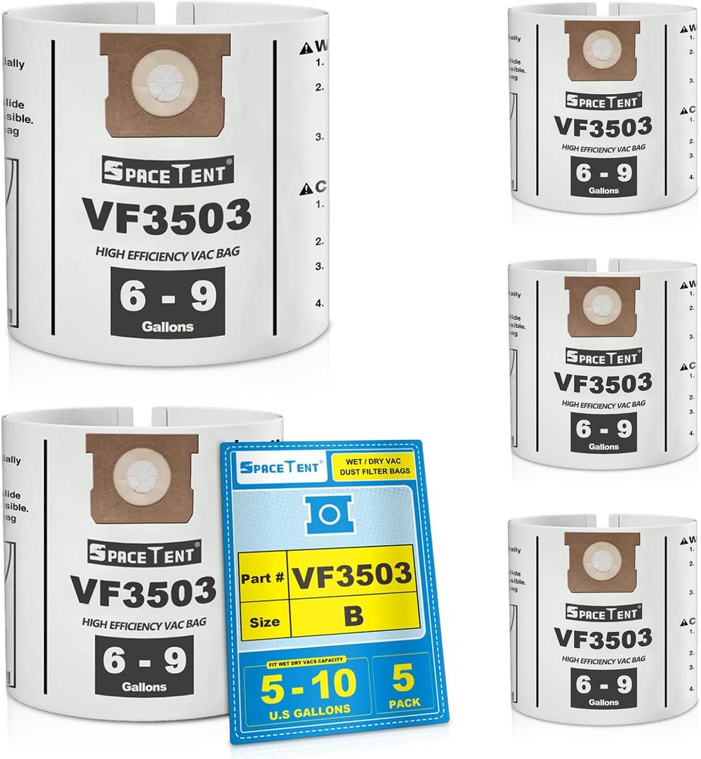 SpaceTent 5 Pack Rigid VF3503 Repalcement Shop Vac Filter Bags Size B for Ridgid 5, 6 to 9 Gallon Wet/Dry Vacuums, Part# Ridgid 40153 & Workshop WS32090F2.