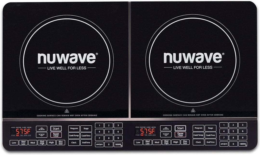 Nuwave Double Induction Cooktop, Powerful 1800W, 2 Large 8 Heating Coils, Independent Controls, 94 Temp Settings from 100F to 575F in 5F Increments, 2 x 11.5 Shatter-Proof Ceramic Glass Surface Black
