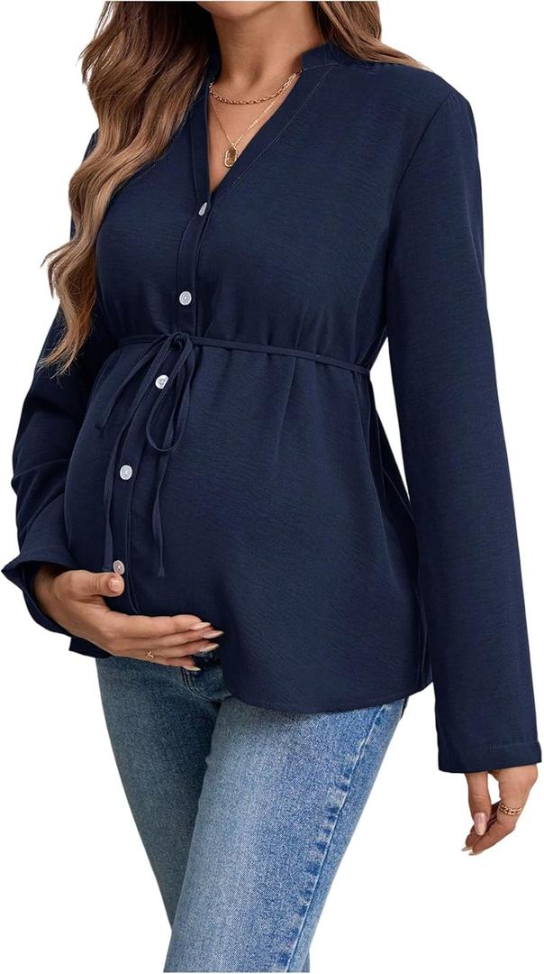 MakeMeChic Women's Maternity Blouse Notched Button Down Ruffle Long Sleeve Dressy Tops (X-Large, Blue)