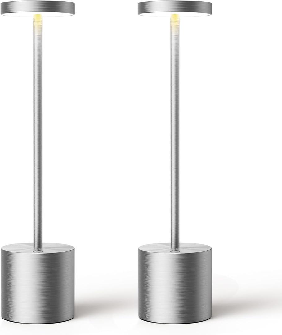 SAKRINGT Cordless Table Lamps Rechargeable,6000mAh Portable Battery Operated LED Table Light for Restaurant Outdoor 2 Pack Silver
