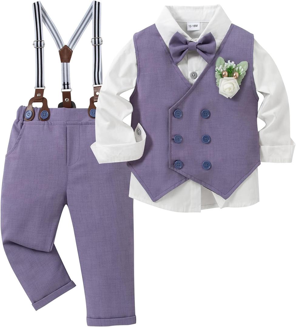 YALLET Toddler Baby Boy Clothes Suit Gentleman Wedding Outfits, Formal Dress Shirt+Bowtie+Vest+Boutonniere+Suspender Pants (7-8 Years, V Light Purple)