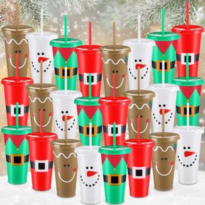 Skylety 24 Pcs Reusable Christmas Cups Bulk Plastic Coffee Cups Travel Mug 24 oz 4 Styles Christmas Reusable Tumbler with Lids and Straws for Wine Hot Cold Drinks Xmas Party Supply