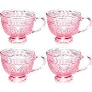 Vintage Glass Coffee Mugs with Handle-14 oz Pink Embossed Glass Cups for Cappccino, Latte, Cereal, Yogurt, Tea, Milk (4)
