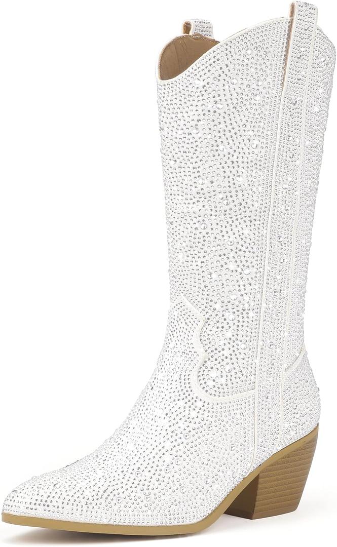 IDIFU IN3 Rhinestone Cowboy Boots for Women Mid Calf Sparkly Western Cowgirl Pointed Toe Booties Low Block Chunky Heel Glitter Country Cute Zipper Dress Booties Wedding Party Bling Shiny Boots (9)