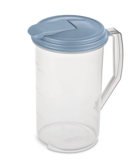 Sterilite, Pitcher, 2 Quart Round Pitcher, Clear Plastic, Flip-top Spout, Light Blue, plastic, 2 quart, useful for everyday beverage storage.