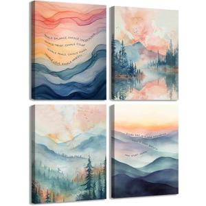 4pcs Inhale Exhale Mental Health Canvas Wall Art Prints, Therapy Office Decor, Watercolor Abstract Prints for Wall Decor, Calming Breathe Poster for Therapy Counselling Room 12x16 Ready to hang