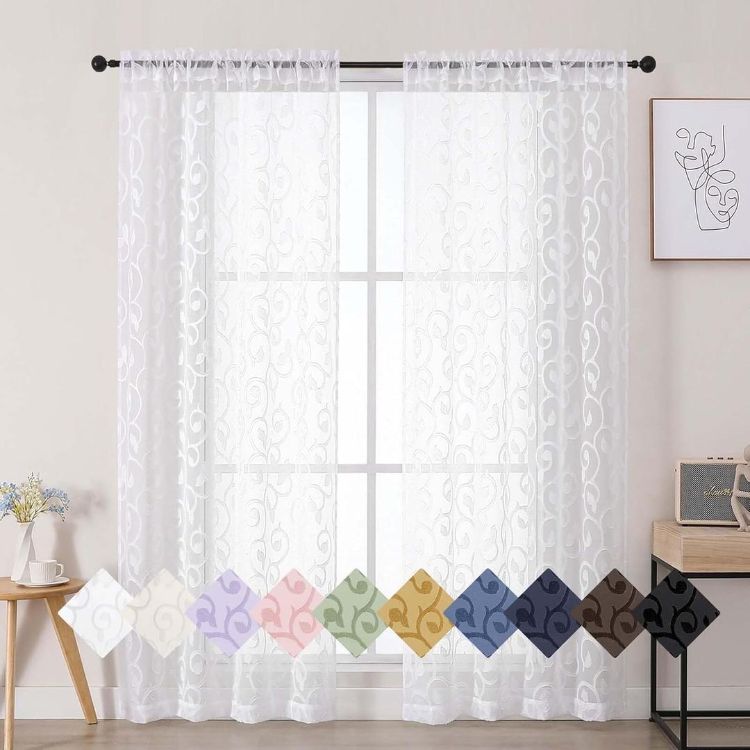 WelvetBLK White Sheer Curtains for Bedroom Living Room 72 Inches Long 2 Panels Set, Soft Airy Geometric Jacquard Clip Curtains Drapes, Modern Rod Pocket Door Curtain, White, 2Pcs Each 42" Wx72 L Inch