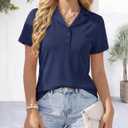 YUCOLEN Polo Shirts for Women Short Sleeve Lapel Collared 3 Button V-Neck Work Cotton Blend Casual Summer Tops (Blue, M)