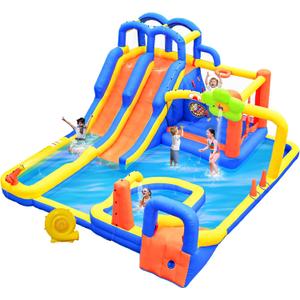 Inflatable Water 3 Slides Park with Blower, Inflatable Bounce House with Climbing Wall, Water Cannon, Dartboard, Flower Sprayer and Deep Pool