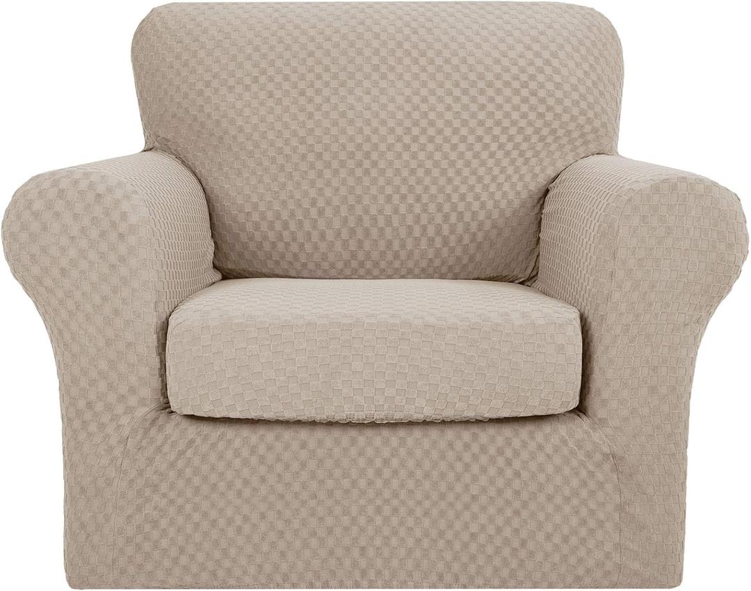 YEMYHOM Latest Checkered 2 Pieces Chair Covers for Living Room High Stretch Thickened Chair Slipcovers with Arms Anti Slip Elastic Armchair Sofa Couch Slipcover Protector (Chair, Khaki)