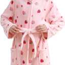 V.&GRIN Girls Fleece Hooded Robe, Kids Soft Plush Warm Printed Bathrobe Sleepwear Gifts (11-12 Years, Light Pink Strawberry)