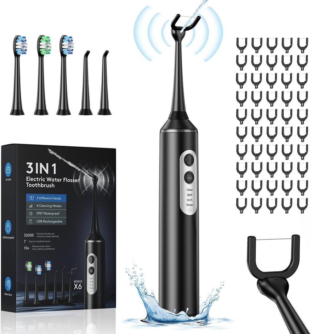 Electric Flosser with 4 Modes, 3 in 1 Power Flosser and Electric Toothbrush with Water Flosser Combo with 55 Replacement Heads, Water Floss Alternative, Brushing and Flossing for Home and Travel