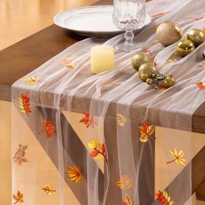 Socomi 3pcs Falll Thanksgiving Table Runner Maple Leaf Tulle Gauze Cheesecloth Embroidery Sheer Table Runners for Wedding Party Baby Shower Birthday Holiday Picnic Home Decor (10ft x 3pcs)