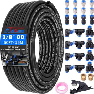 Air Line Tubing Kit, 3/8" OD DOT Air Line 50 FT(15 m) SAE j844 PA Nylon Air Hose Tubing and Push to Connect Fittings for Air Brake System Or Fluid Transfer, 29 Pcs Compressed Accessories Kit