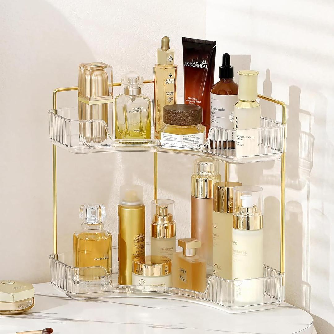 Corner Bathroom Countertop Organizer, Vanity Trays for Counter, Makeup Organizers, Perfume Tray, Kitchen Spice Rack, (Clear, 2 Tiers) (13.6" x 10" x 15.1")