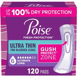 Poise Ultra Thin Incontinence Pads for Women, 6 Drop, Long, 120 ct