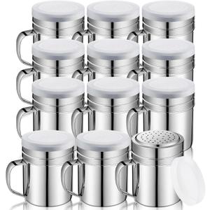 Lallisa 12 Pcs 10 oz Stainless Steel Spice Shakers with Holes and Lids Dredge Shakers with Handle Versatile Salt Shaker for Sugar Pepper Seasoning Flour Popcorn Cinnamon Powder Container Accessories
